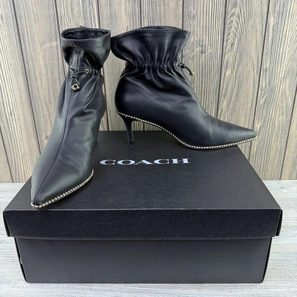 Coach Wynie Bootie C6762 Black Leather Pointed Toe Drawstring Boots Women's 9 B